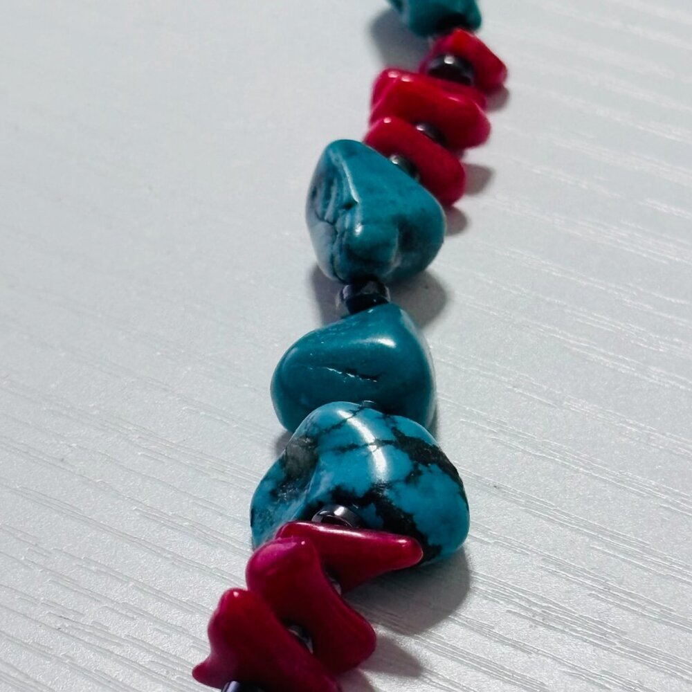 Turquoise Style & Coral Color Necklace 18” Chunky Southwestern Boho - Picture 8 of 11